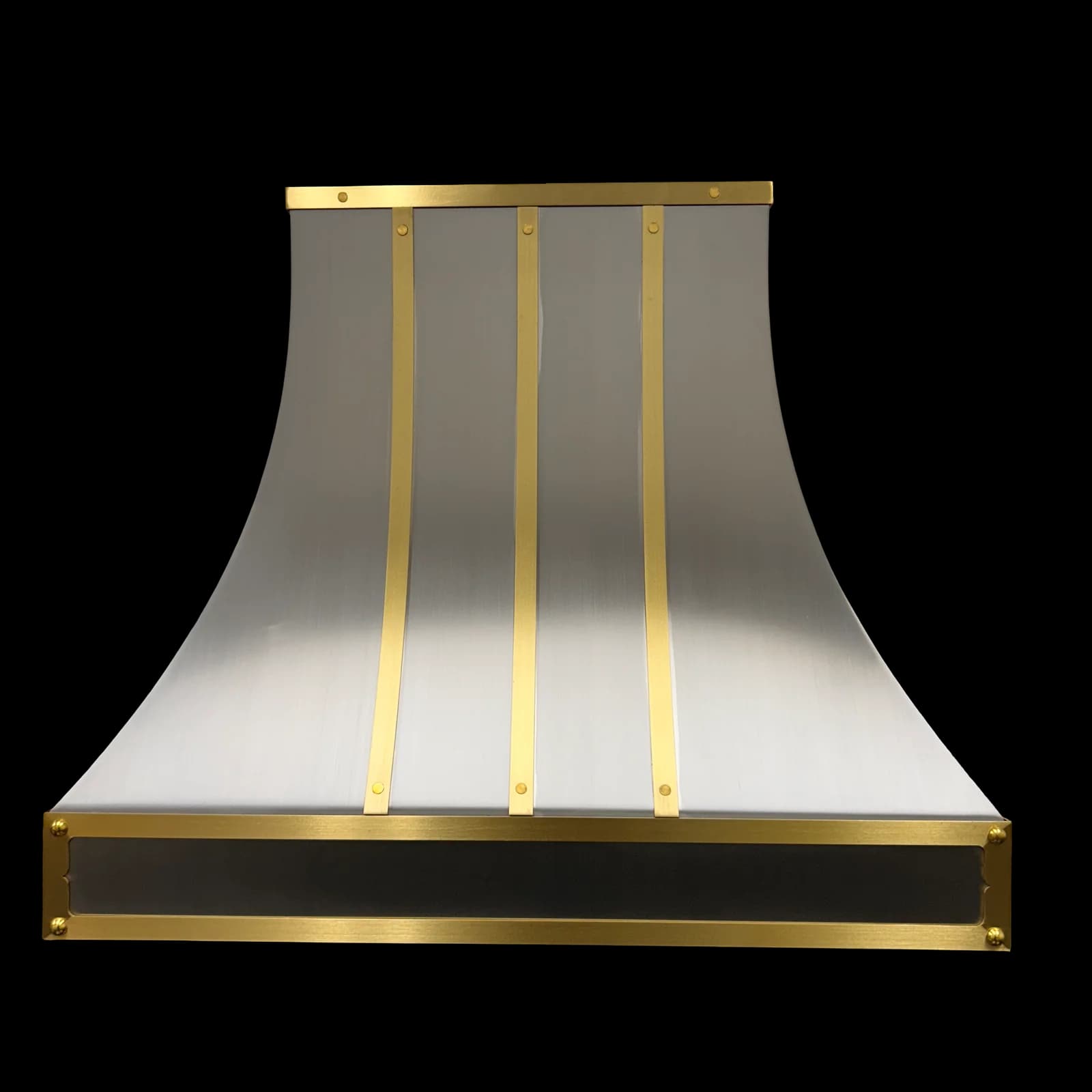 Monarch Collection range hood seen square on, brushed stainless steel with four brass straps and a brass apron band