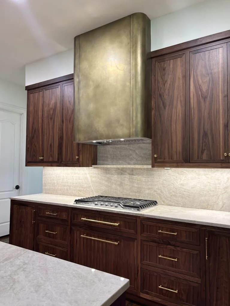 Monarch antiqued cloudy brass custom range hood, installed view 3
