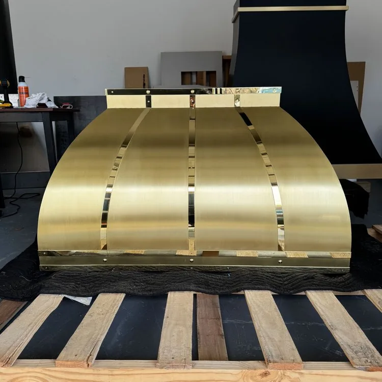 Monarch brushed brass custom range hood, workshop view 1