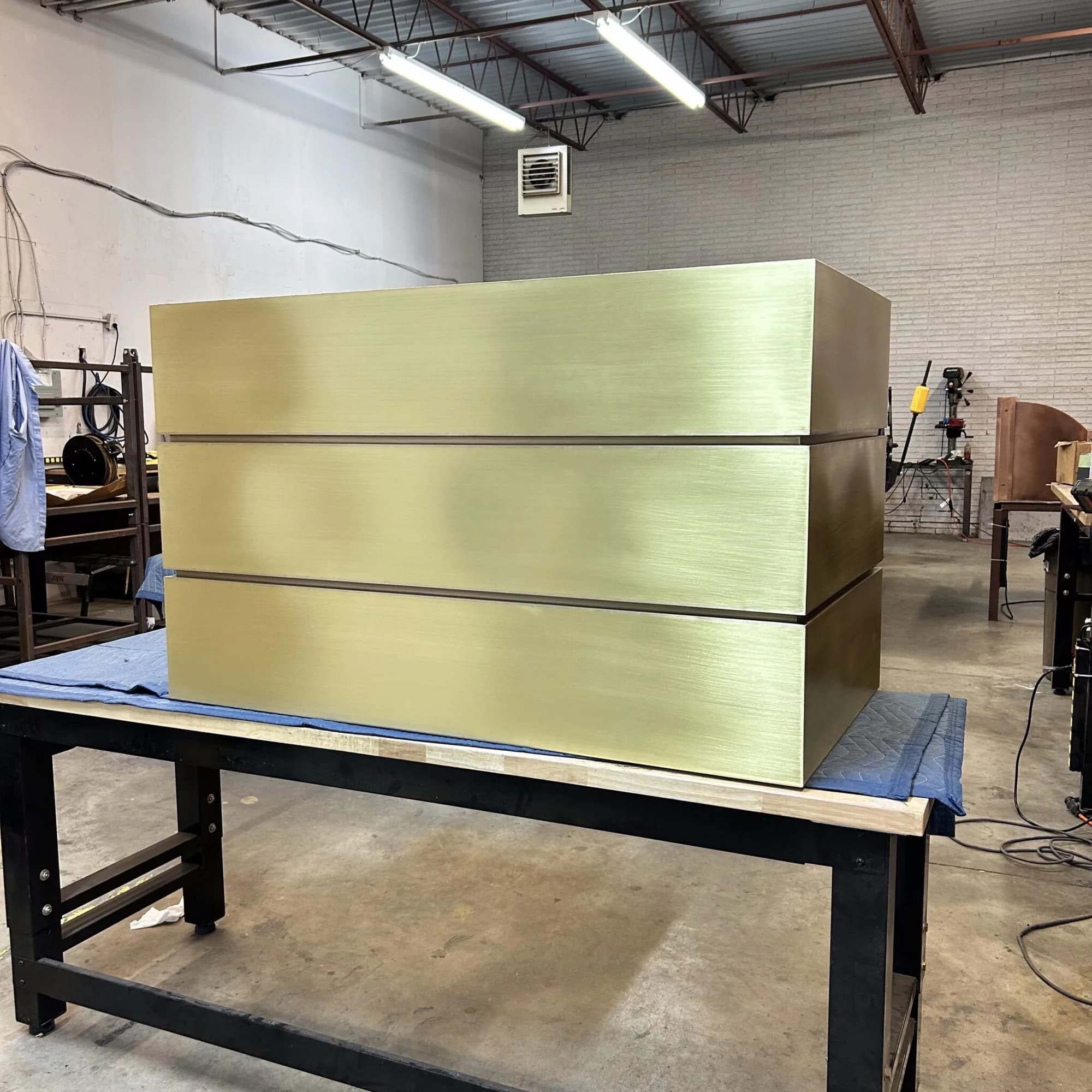 Monarch brushed brass custom range hood, workshop view 2