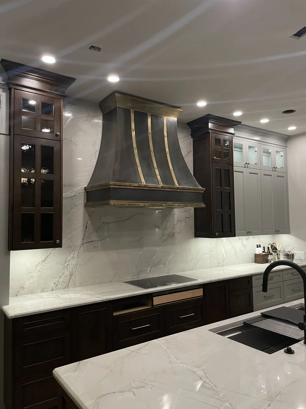 Monarch antiqued brushed stainless steel custom range hood, installed view 1