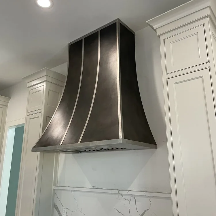 Monarch antiqued cloudy stainless steel custom range hood, installed view 2