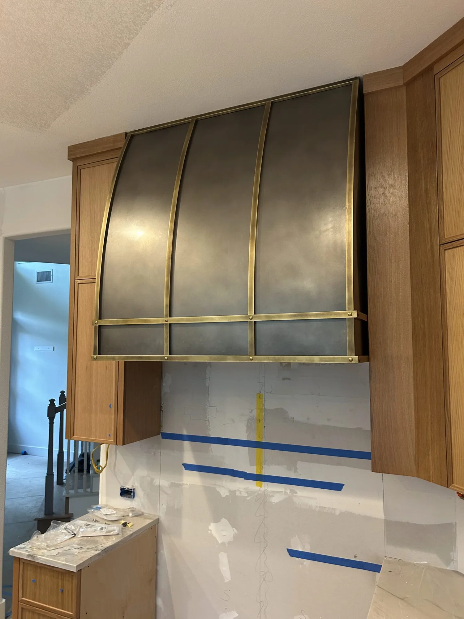 Monarch antiqued cloudy stainless steel custom range hood, installed view 3