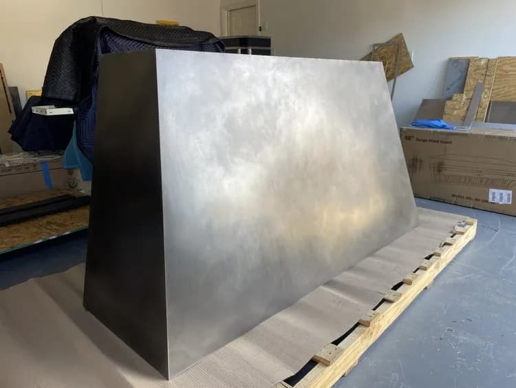 Monarch antiqued cloudy stainless steel custom range hood, workshop view 5