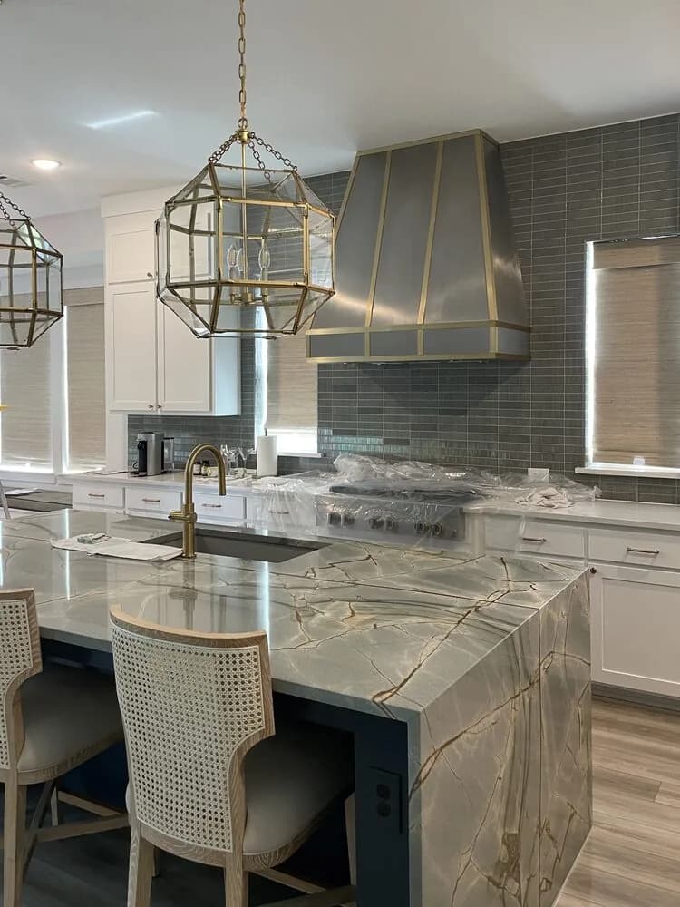 Monarch brushed stainless steel custom range hood, installed view 1