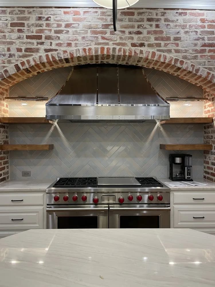 Monarch brushed stainless steel custom range hood, installed view 3