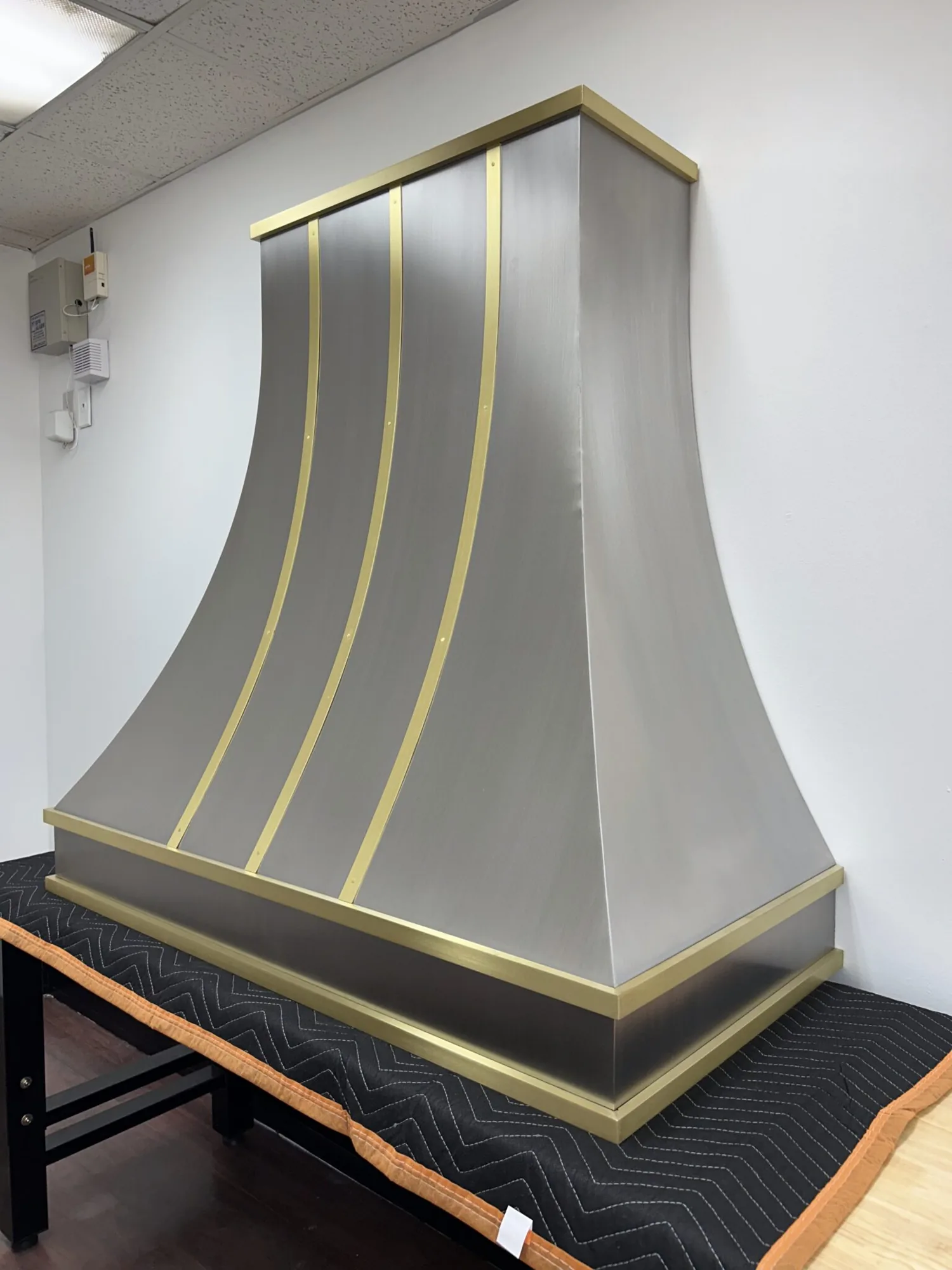 Monarch brushed stainless steel custom range hood, workshop view 3