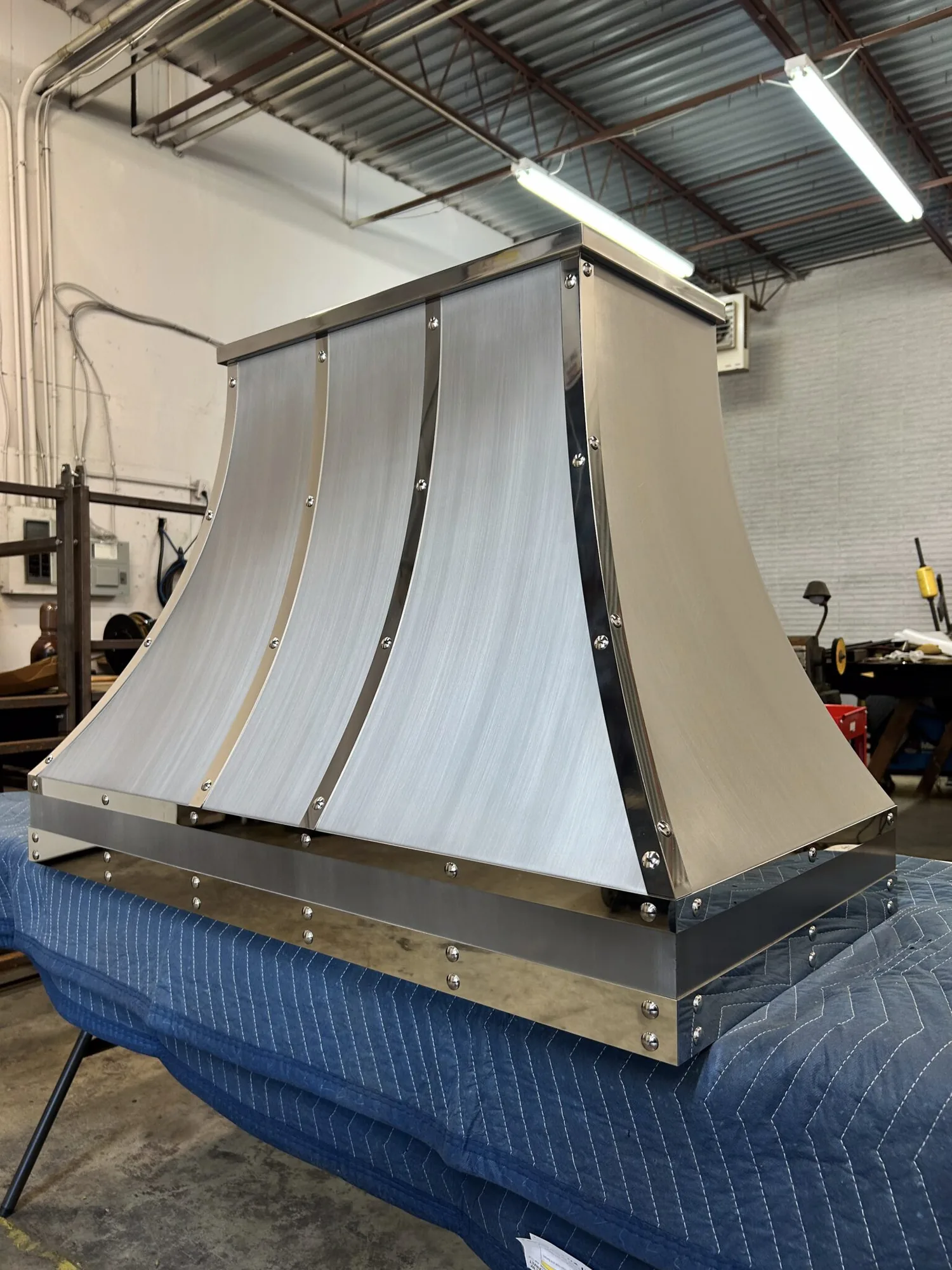 Monarch brushed stainless steel custom range hood, workshop view 6