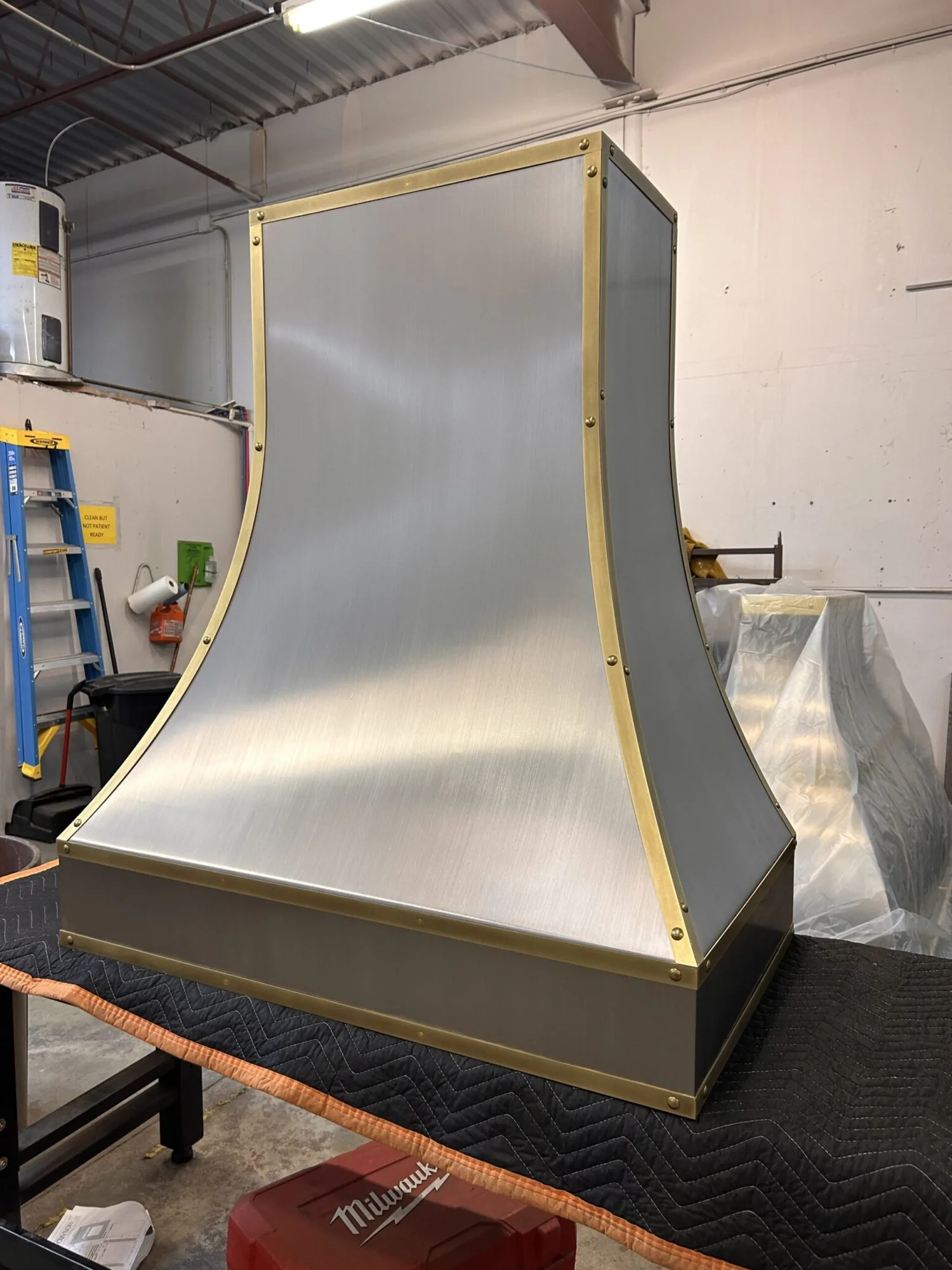 Monarch brushed stainless steel custom range hood, workshop view 10
