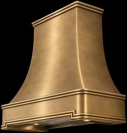 Manhasset range hood in 25% antiqued cloudy brass. Design rendering.