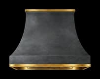 The Belle Terre range hood in 75% antiqued cloudy stainless steel with brushed brass trim.