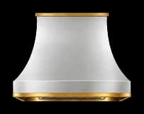 The Belle Terre range hood in brushed stainless steel with brushed brass trim.