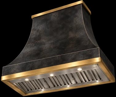 The Belle Terre range hood in 75% antiqued cloudy stainless steel with a brushed brass lower apron, seen from below at an angle.
