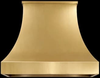 The Belle Terre range hood in brushed brass, showing its curved body and straight crown.