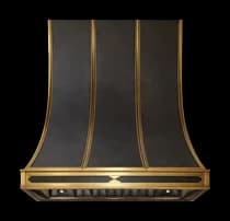 The Huntington Luxe range hood in cloudy 75% antiqued steel with brushed brass trim.