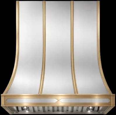 The Huntington Luxe range hood in brushed stainless steel with brushed brass strapping and an Art Deco apron.