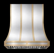 The Huntington Refined range hood in brushed stainless steel with brushed brass trim.