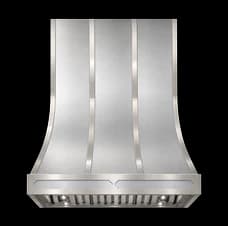 The Huntington Refined range hood in brushed stainless steel with high polished steel trim.