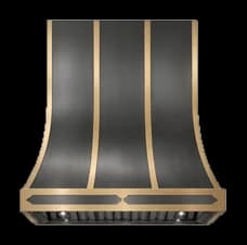 The Huntington Refined range hood in cloudy 75% antiqued steel with brushed brass trim.