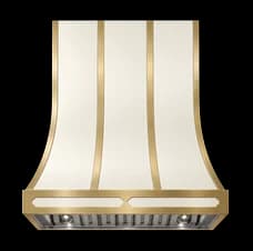 The Huntington Refined range hood in powder coated steel with brushed brass trim.