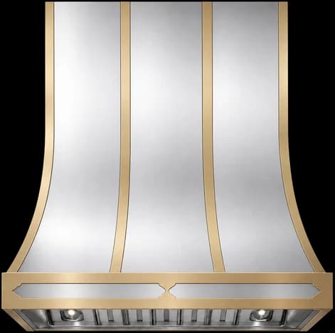 The Huntington Refined range hood in brushed stainless steel with brushed brass strapping and a slimmer apron.