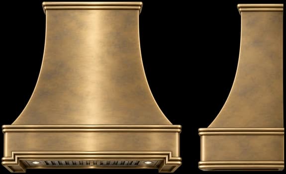 Front and side elevations of the Manhasset range hood, labelled A to G for width, height, depth, crown width, clearance, crown height and apron height.