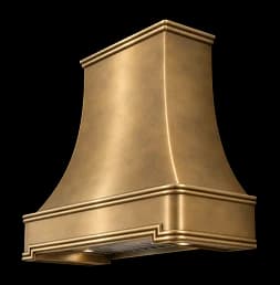 The Manhasset range hood in 25% antiqued cloudy brass.