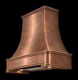 The Manhasset range hood in 50% antiqued cloudy copper.