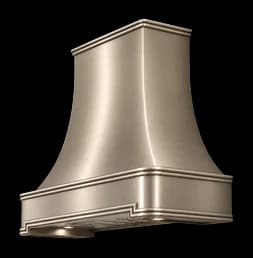The Manhasset range hood in cloudy honeycomb patinated stainless steel.