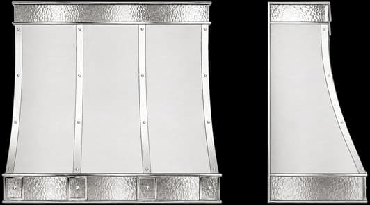 Front and side elevations of the Montauk Luxe range hood, labelled A to G for width, height, depth, crown width, clearance, crown height and apron height.