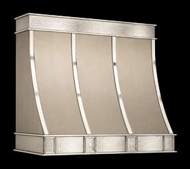 The Montauk Luxe range hood in brushed steel with a honeycomb patina.