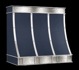 The Montauk Luxe range hood in navy powder coated steel with high polished steel trim.