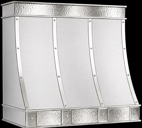 The Montauk Luxe range hood in brushed stainless steel with a hammered crown, hammered apron band and riveted straps.