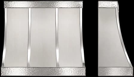 Front and side elevations of the Montauk Refined range hood, labelled A to G for width, height, depth, crown width, clearance, crown height and apron height.