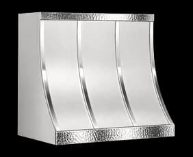 The Montauk Refined range hood in brushed stainless steel with high polished steel trim.