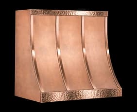 The Montauk Refined range hood in 25% cloudy antiqued copper.