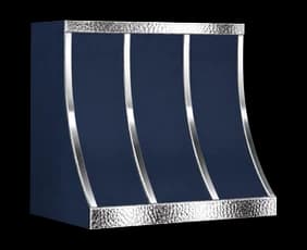 The Montauk Refined range hood in navy powder coated steel with high polished steel trim.
