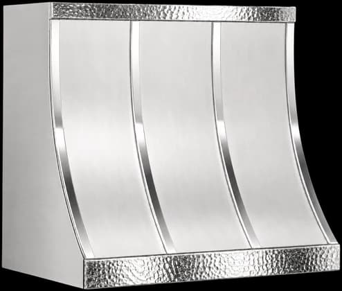 The Montauk Refined range hood in brushed stainless steel with a hammered crown and apron and plain straps.