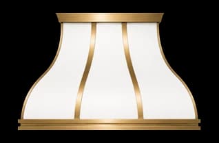 The Northport Luxe range hood in white powder coated steel with brushed brass trim.