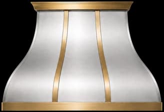 Front elevation of the Northport Refined range hood, labelled A to G for width, height, depth, crown width, clearance, crown height and apron height.