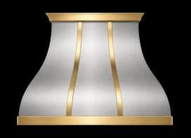 The Northport Refined range hood in brushed stainless steel with brushed brass trim.