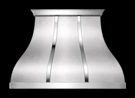 The Northport Refined range hood in brushed stainless steel with high polished steel trim.