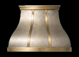 The Northport Refined range hood in brushed steel with a honeycomb patina and brushed brass trim.