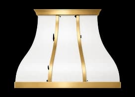 The Northport Refined range hood in white powder coated steel with brushed brass trim.
