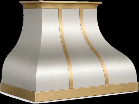 The Northport Refined range hood in brushed stainless steel with brushed brass trim and a plain brass base.