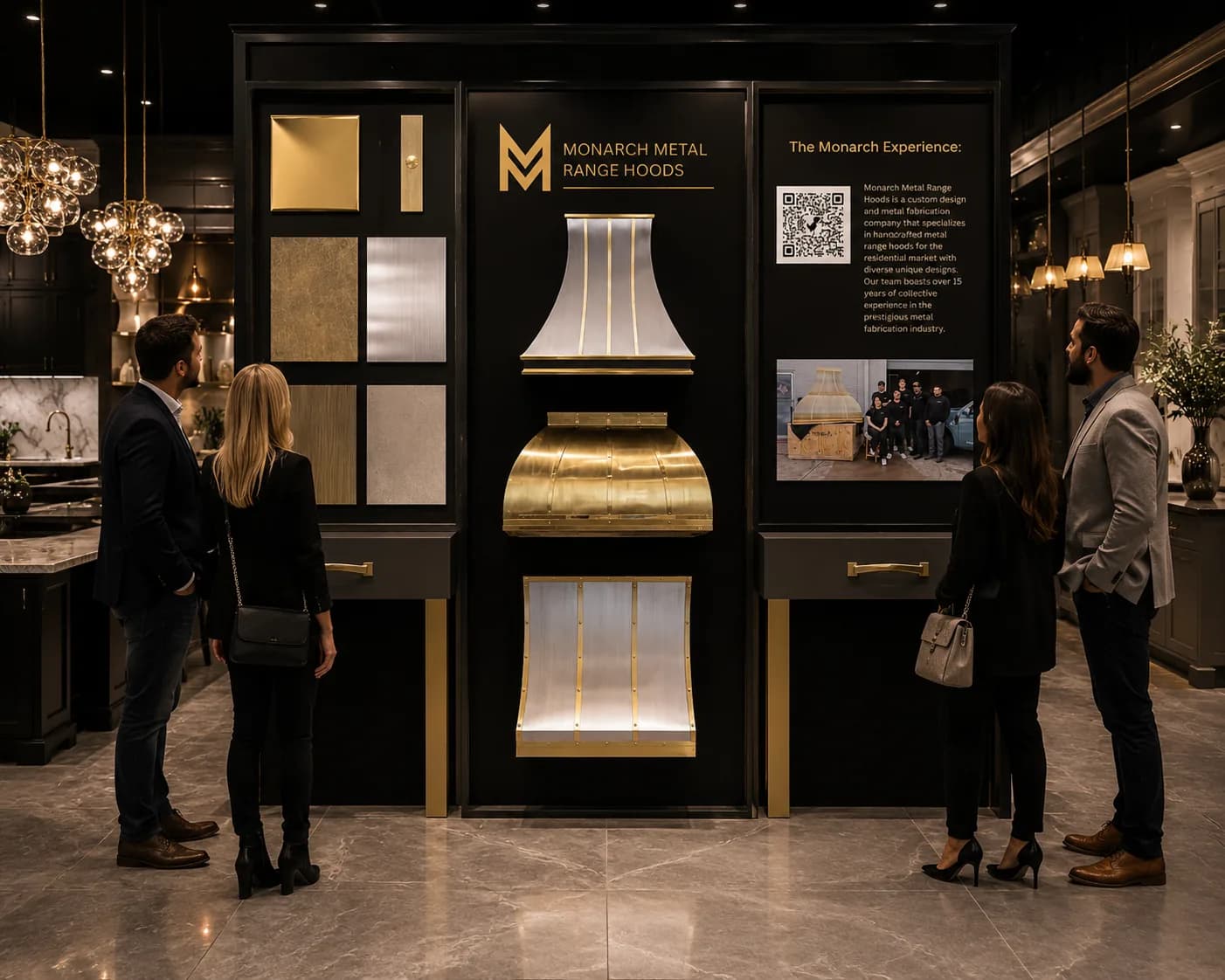 Monarch showroom display featuring steel and brass hood models with material and finish samples.