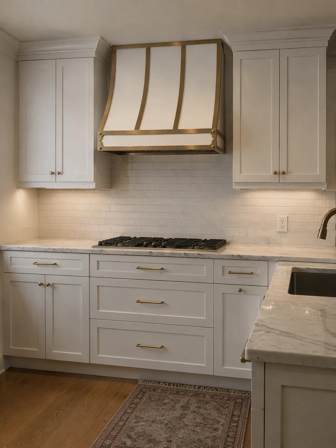 The white satin and brass Monarch hood installed over a gas range in a white kitchen with marble counters