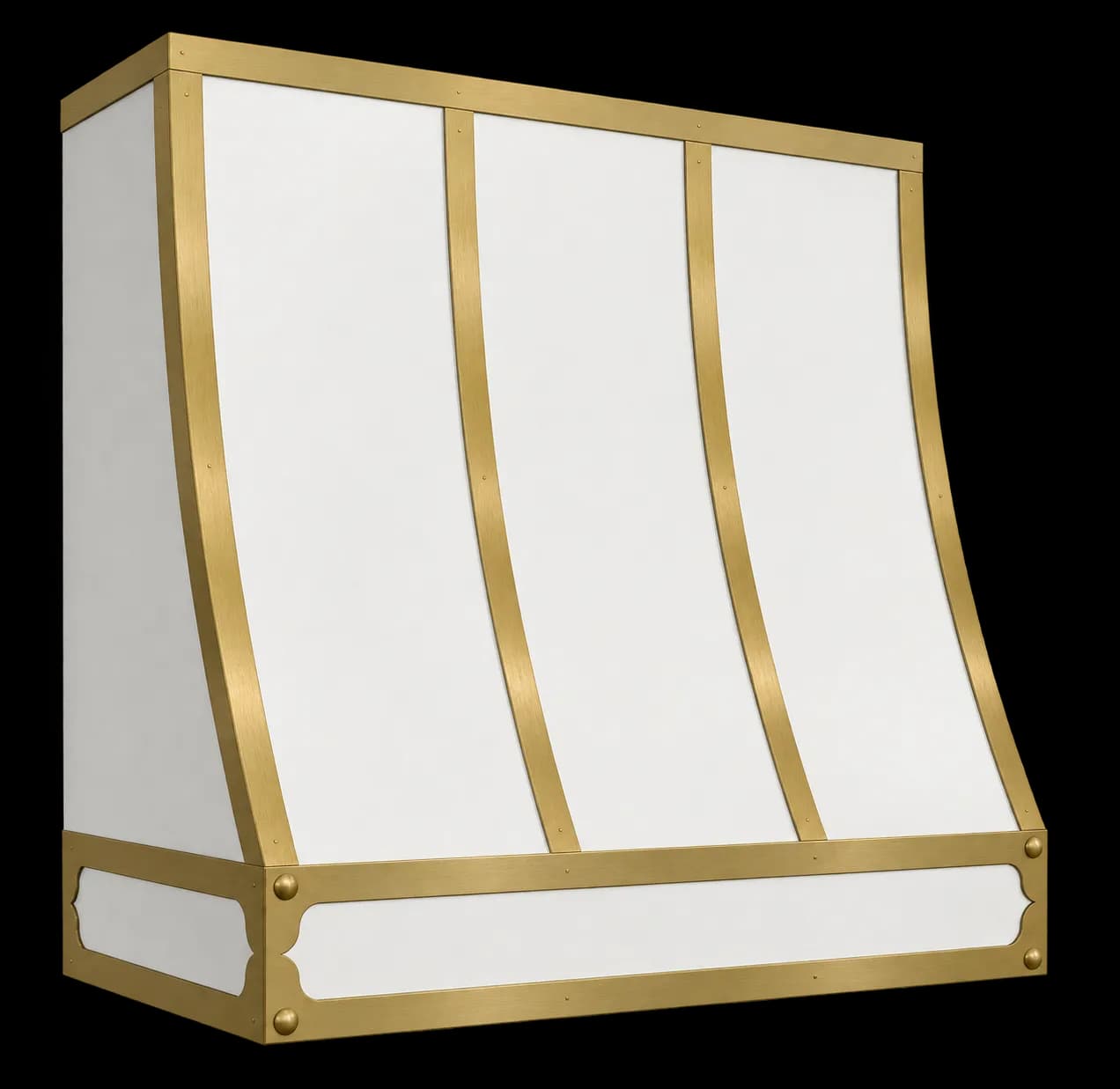 Monarch range hood in white satin powder coat with brass straps, shown at an angle