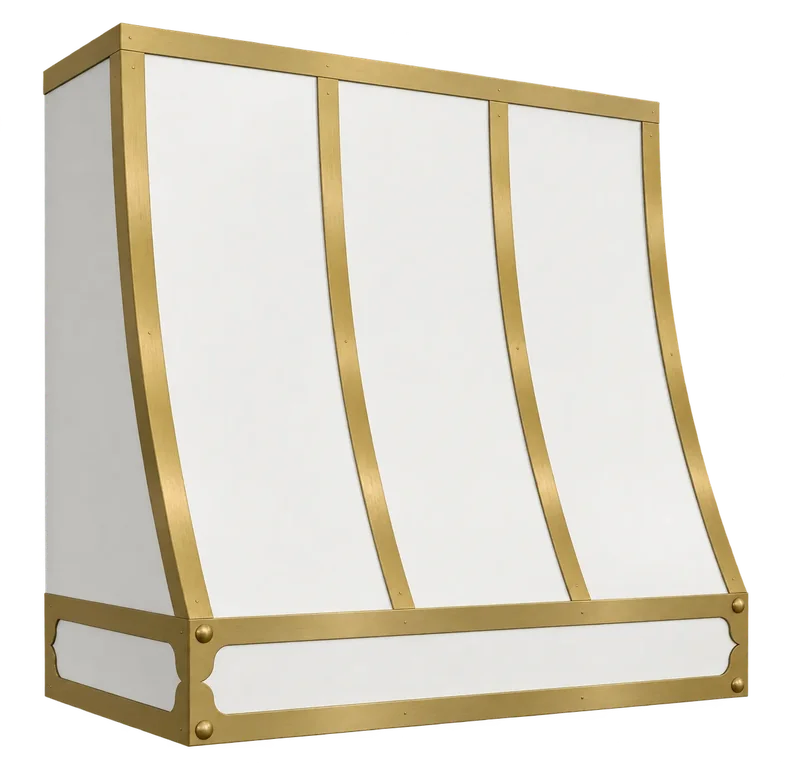 Monarch range hood in white satin powder coat with brass straps, shown at an angle