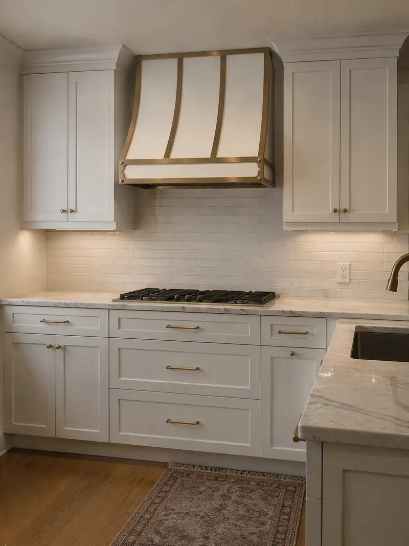 White satin range hood with brass straps installed over a gas range